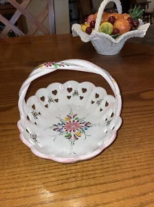 Vtg Floral Hand Painted Ceramic Basket Braided Handle By RC&CL Made In Portugal - Picture 1 of 5