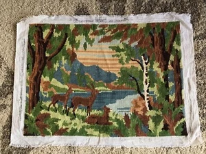 Vintage Margot de Paris finished tapestry needlepoint mountain lake forest deer - Picture 1 of 9