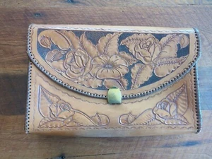 Vintage 12" Hand Tooled Leather Clutch Purse Brass Clasp Western Floral - Picture 1 of 9