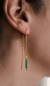 Green Onyx Faceted Rondelle Bead Gold Plated Chain Threader Dangle Drop Earrings - Picture 1 of 9