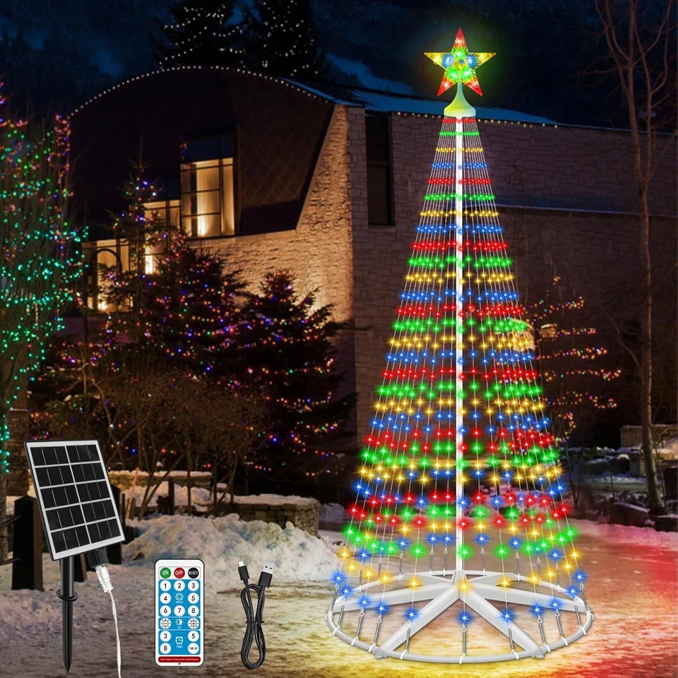 Cono de Navidad LED solar de 8 pies árbol 444 luces estrella topper temporizador remoto multicolor Foto 1 de 4