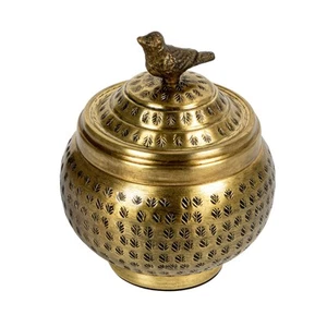 Runder gehämmerter Metallbehälter mit Vogel-Endstück, Messing-Finish - Bild 1 von 9