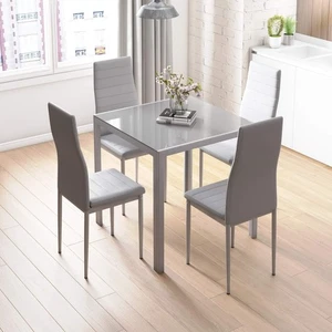 Modern Grey Glass Dining Table Set with 4 Faux Leather Chairs – 75cm Square - Picture 1 of 12