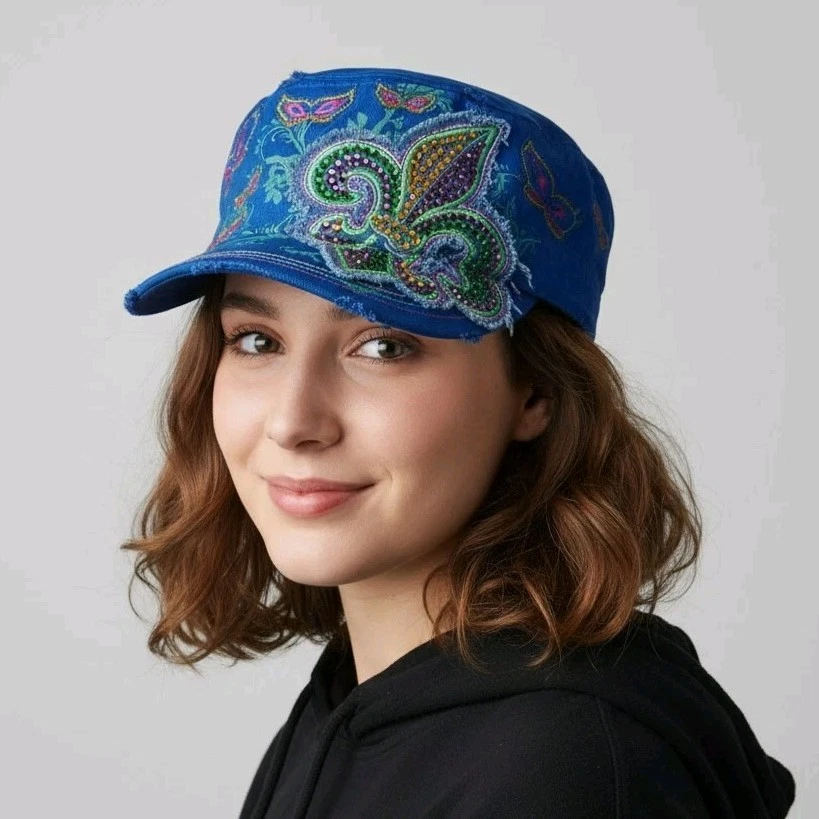 Sombrero Cadete Azul Mujer Mardi Gras Flor de Lis Estrás Mariposas Adornado Foto 1 de 4