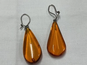 Jewellery Great Vintage 925 Sterling Silver, Real Amber Kidney Hook Earrings - Picture 1 of 4