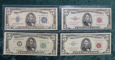 4 notas de US$ 5 dos Estados Unidos da América, 1934 A, 1950 A, 1953, 1963, 4 notas dos EUA - Imagem 1 de 3