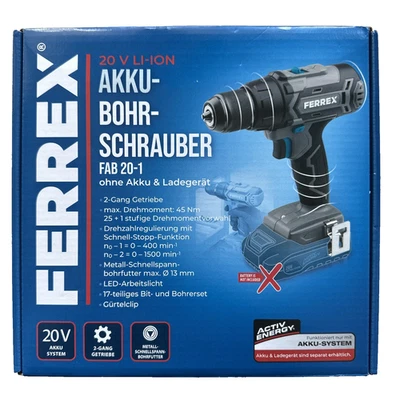 FERREX Akku Bohrschrauber FAB 20-1 Set, Drehzahlregulierung, LED-Licht, neu&ovp - Image 1 of 4