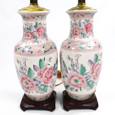 PAR de abajures de mesa vintage chinoiserie floral asiático frasco de gengibre porcelana rosa pastel - Imagem 1 de 4