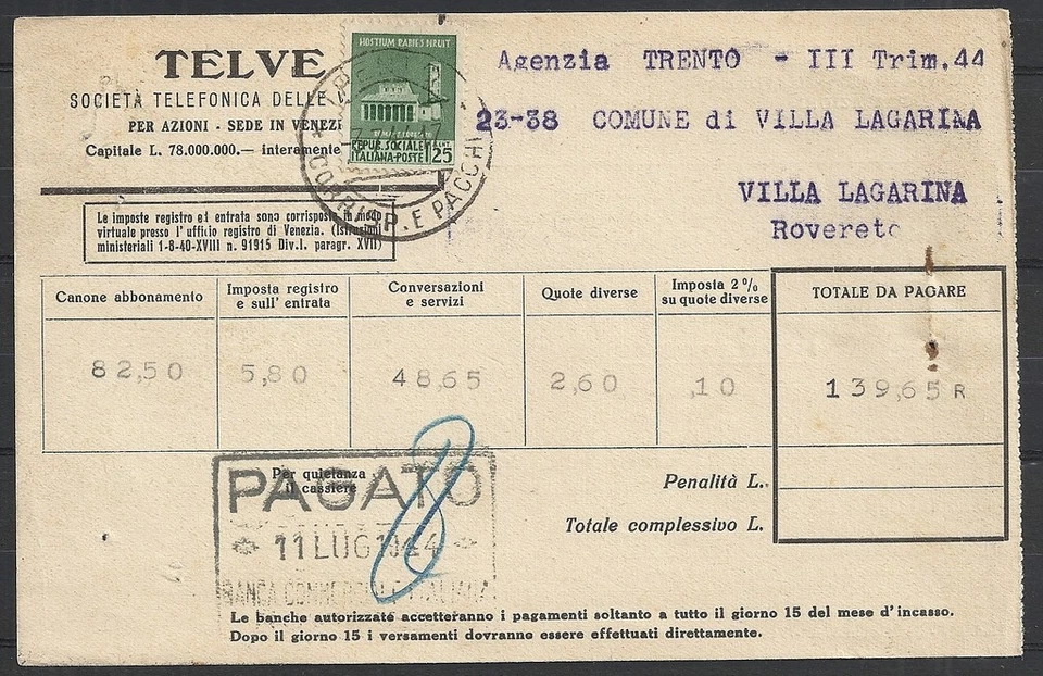 Italia cubre 1944 recibo telefónico franqueado Trento Foto 1 de 1