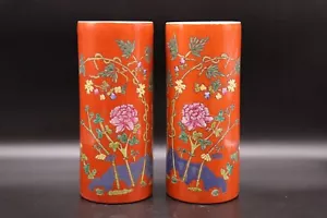 Chinese Antique Hand Painted Famille Rose Porcelain Vase Pair - Picture 1 of 10