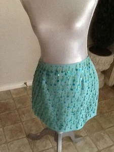 Women's tibi beaded sequin blue green sparkly dangle mini silk skirt - Picture 1 of 3