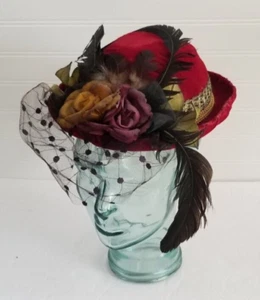 Vintage Ladies Hat Red Velvet with Black Lace Feathers and Flowers - Picture 1 of 22