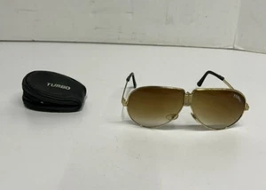 Occhiali da sole turbo vintage anni 80 90 lenti nere montatura tono oro con custodia - Foto 1 di 16
