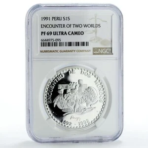 Peru 1 sol Two Worlds Encounter Conquistador Indian PF69 NGC silver coin 1991 - Picture 1 of 2