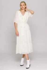 Vestido midi para mujer Calista Collection con volantes cuello en V media manga en blanco roto - Imagen 1 de 12