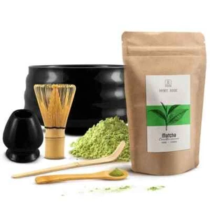 Matcha Tee Set Pulver Qualität 100g Bambus Besen Löffel Schale Schwarz 500 ml - Bild 1 von 8