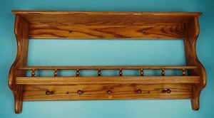 Handmade Heavy Oak Wood 2 Tier Wall Shelf 36" L 5 Pegs Knick Knack Plate Rail - Picture 1 of 23