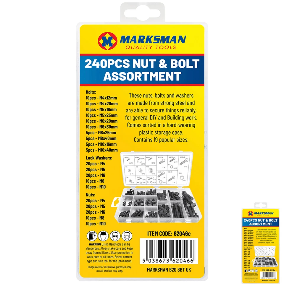 NTI 240PC NUT AND BOLT ASSORTMENT KIT 19 SIZES METRIC TOOL FASTENERS IN CASE SCREWS