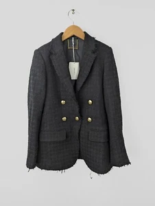 NWT FRAME Women's Sz 00 XS 70s Blazer in Noir Black Tweed Raw Edge Cotton - Picture 1 of 10