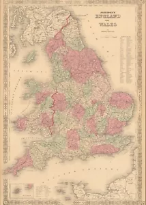 1864 England & Wales by Johnson Ward beautiful antique map 25.8" x 17.6" - Picture 1 of 3
