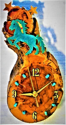 Rearing Horse w/ Turquoise Stones Log Cabin Styl 12.25" x 6" x 2.5" Rustic Clock - Image 1 of 4