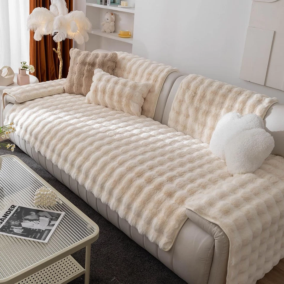 Luxury Thick Faux Fur Plush Couch Cover Ultra Soft Anti-Slip Sofa Cover Fluffy F - Image 1 of 4