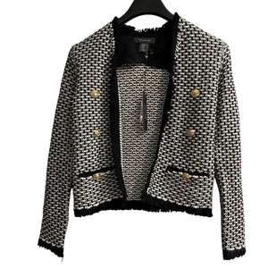 Tahari Pullover Blazer Damen XS schwarz weiß Fransen vorne offen Goldknöpfe Büro - Bild 1 von 9