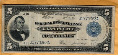 nice looking $5 Series 1918 Federal Reserve Bank Note from Kansas City district - Image 1 of 2