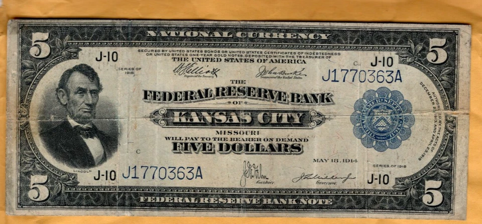 nice looking $5 Series 1918 Federal Reserve Bank Note from Kansas City district - Image 1 of 2