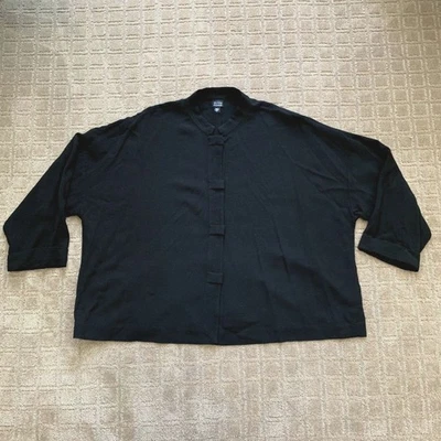 Eileen Fisher Button Down Blouse Jacket Women's L Black Wool Blend 3/4 Sleeve - Image 1 of 4