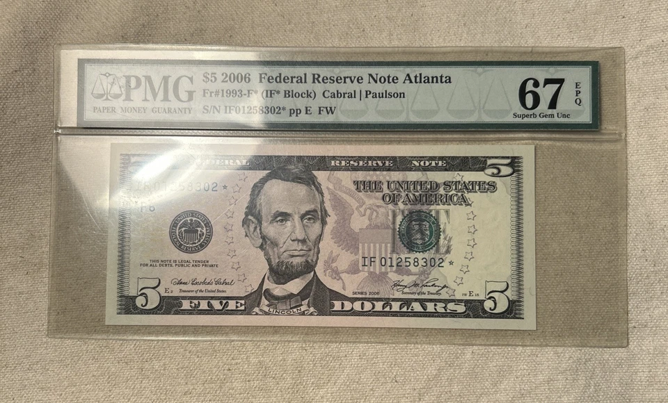 2006 $5 Federal Reserve STAR Note HIGH GRADE! PMG Superb Gem Unc 67EPQ - Image 1 of 2