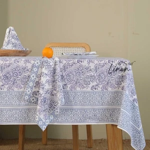Vintage Floral Cotton Table Cover Hand Block Printed Dining Decor Tablecloth - Picture 1 of 10