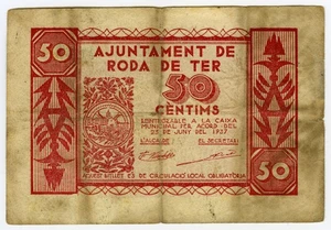 ☆ SPAIN CIVIL WAR 1937 • RODA TER 50c. MUNICIPAL ☆ GUERRA CIVIL ESPAÑOLA  ☆D1662 - Picture 1 of 2