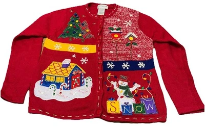 Cárdigan Suéter Muñeco de Nieve Vintage Blanco Escenario Rojo Navidad Botones Mujer’s M Foto 1 de 4