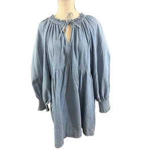 Old Navy Denim Smocked Dress XL Balloon Sleeves Tie Keyhole Neck - Picture 1 of 11
