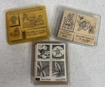 Estampación de 3 CONJUNTOS COMPLETOS 12 estampillas de goma de madera hadas naturalezas maravillas Foto 1 de 4