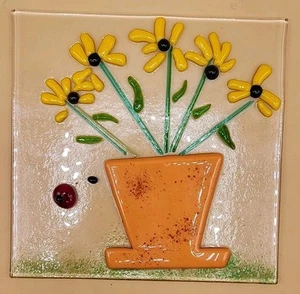 Vintage 7" x 7" Fused Glass Black Eyed Susans In A Pot Art VERY COOL & DIFFERENT - Picture 1 of 7