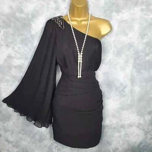 PIXIE LOTT LIPSY Black Pleat One Shoulder Angel Sleeve Mini Dress Size 12 Party - Picture 1 of 10