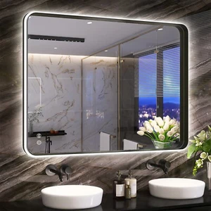 Moderner schwarzer Randspiegel mit LED-Streifen verstellbare Farbe abblendbar Defog - Bild 1 von 9