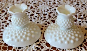 Fenton Milk Glass Hobnail Candlestick Holders Tabletop Mantle Vintage Set Pair - Picture 1 of 6