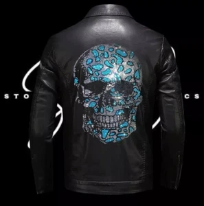Leather Jacket With Blue & Silver Skull Rhinestone Design - Picture 1 of 4