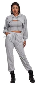 Be Sexy @ Gym Crop Sweatshirt Tank Top & Pants Suit Grey Sm 3 Piece Set Hot💜 - Picture 1 of 6
