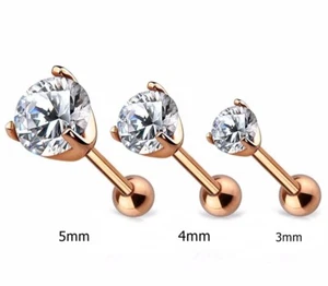 Knorpel/Tragus Ohr mit klarem 3 mm Edelstein Roségold IP 16 Stärke 1/4" 2er Set - Bild 1 von 3