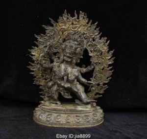 11.6" Old Chinese Tibet Buddhism Bronze 3 Head 8 Arms Namgyalma Buddha Statue - Picture 1 of 16