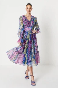 Coast Womens Midi Dress Berry V-Neck Sheer Blouson Sleeves Self-Tie Belt - Picture 1 of 5