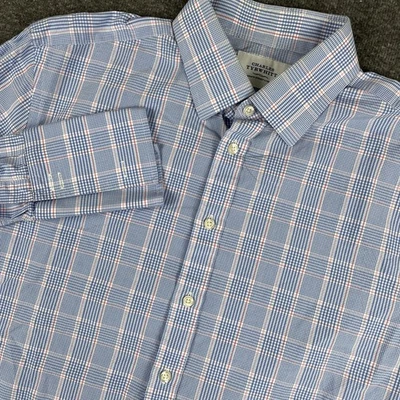 Camisa Charles Tyrwhitt Para Hombres 17/35 Azul Cuadros Cuadros Calce Ajustado Vestido Puño Francés Foto 1 de 4