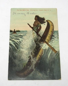 Niagara Falls NY Postcard 1909 Red Man's Fact Young Naked Lady Canoe Over Falls - Picture 1 of 3