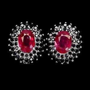 925 Sterling Silver Earrings Oval Ruby 8x6mm Spinel Natural Gemstone Jewelry - Picture 1 of 14