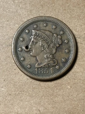1854 Braided Hair Large Cent - Holed - As Shown! (#2008) - Image 1 of 4