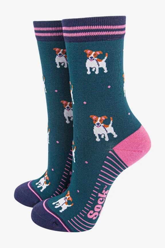 Sock Talk Women's Bamboo Socks - Forest Green/Navy, Jack Russell